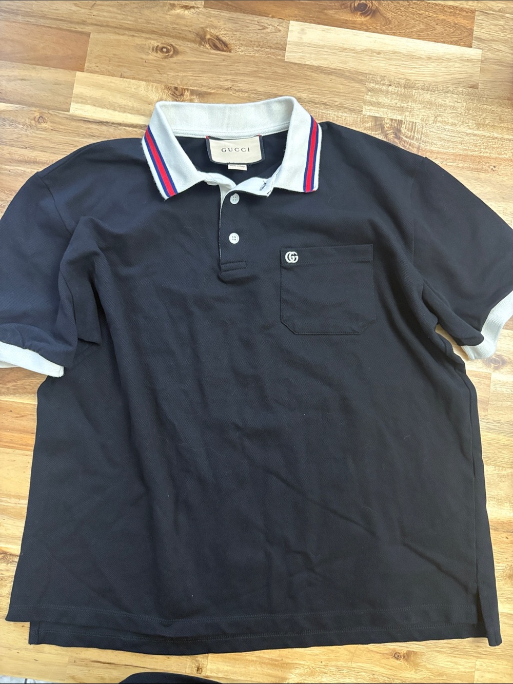Gucci Black Polo with White Collar and Red & Blue Trim
